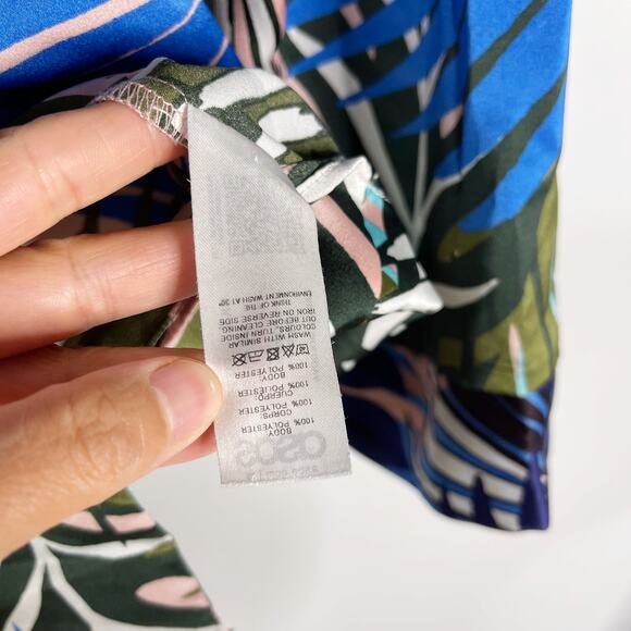 ASOS Design 4 Blue Tropical Border Print Satin Pajama Set Long Sleeve Top Pants - Picture 9 of 16